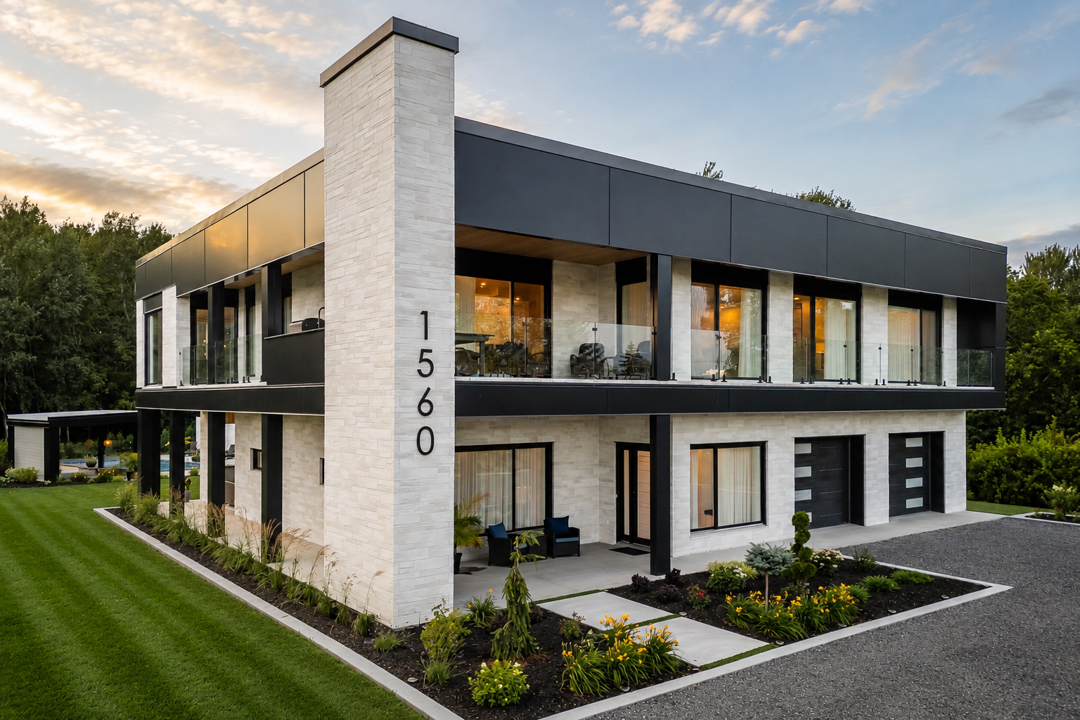 Villa de luxe contemporaine à vendre au Québec, Canada, vue au crépuscule